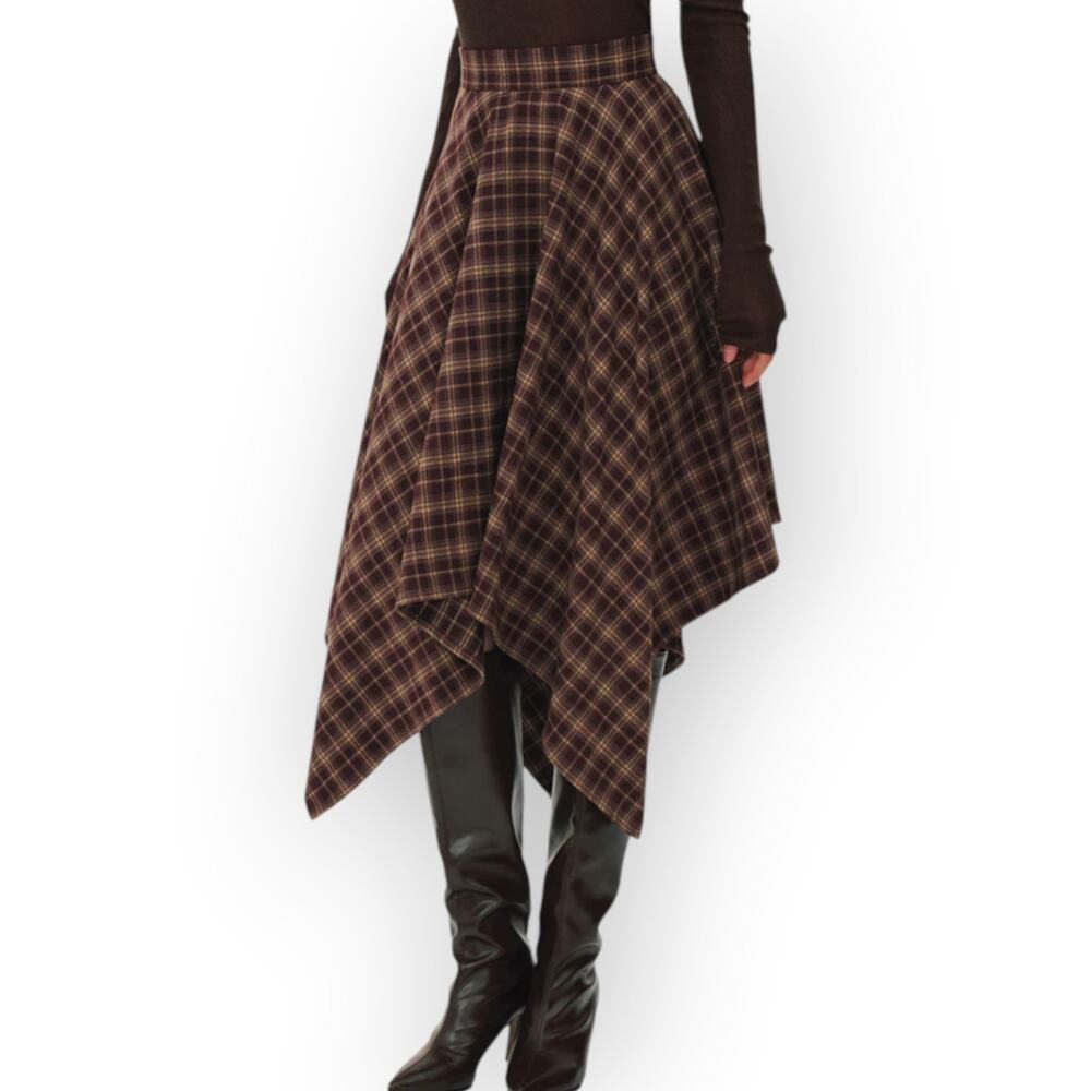 Commense Plaid Asymmetric Midi Skirt XL Brown Tweed Style - Celtic Modern Chic